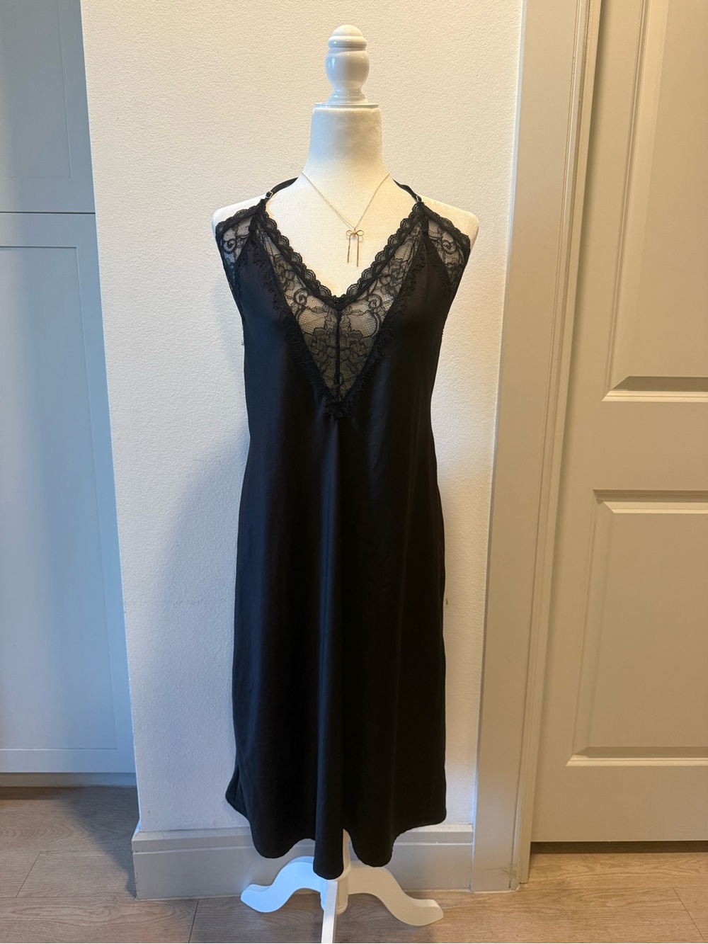 In Bloom by Jonquil Black Satin Lace Slip Dress Chemise M